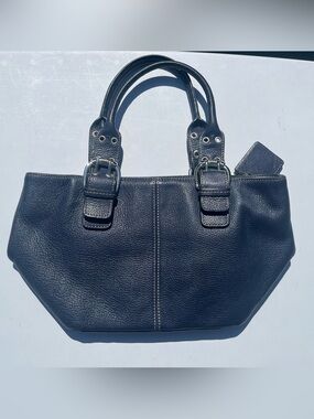 Tignanello Navy Blue Pebbled Leather Buckle Satchel Bag Silver Hardware Medium